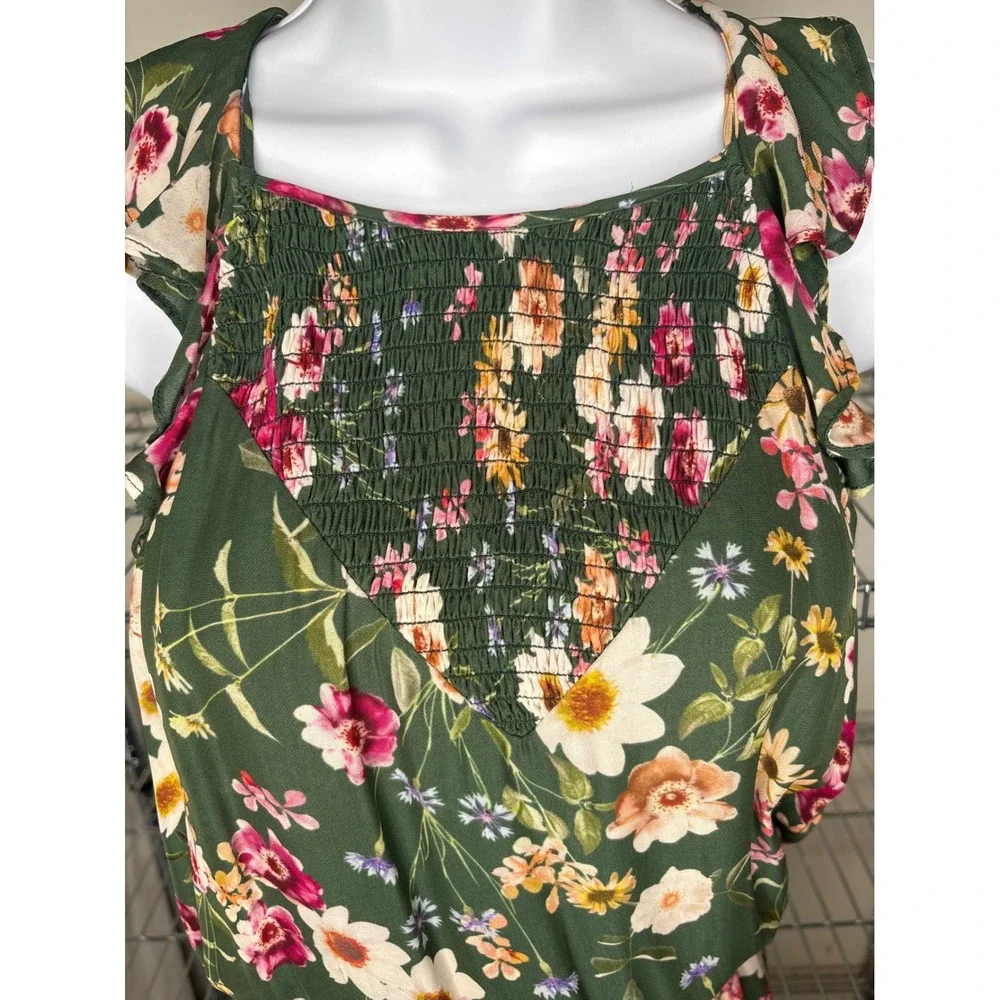 Parker Green Floral Silk Blend Smocked Ruffle Romper Sz S Garden-Party Boho-Chic